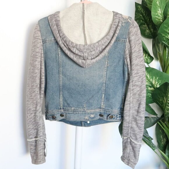 Free People Blue Denim Jean Heather Gray Knit Long Sleeve Hooded Jacket Size XS - Picture 5 of 12
